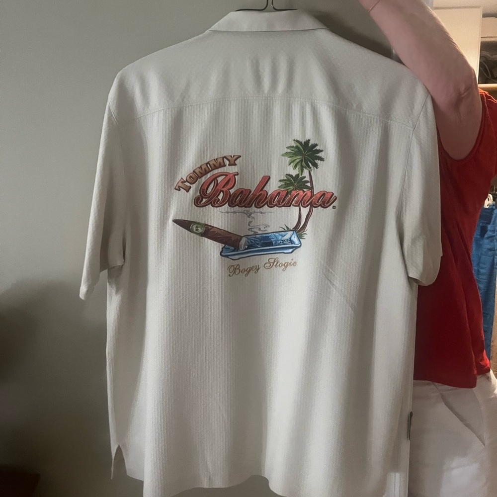 tommy bahama button up shirt with design on back